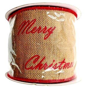 Merry Christmas Embroidered Burlap Wired Ribbon Beige Red Farmhouse Crafting